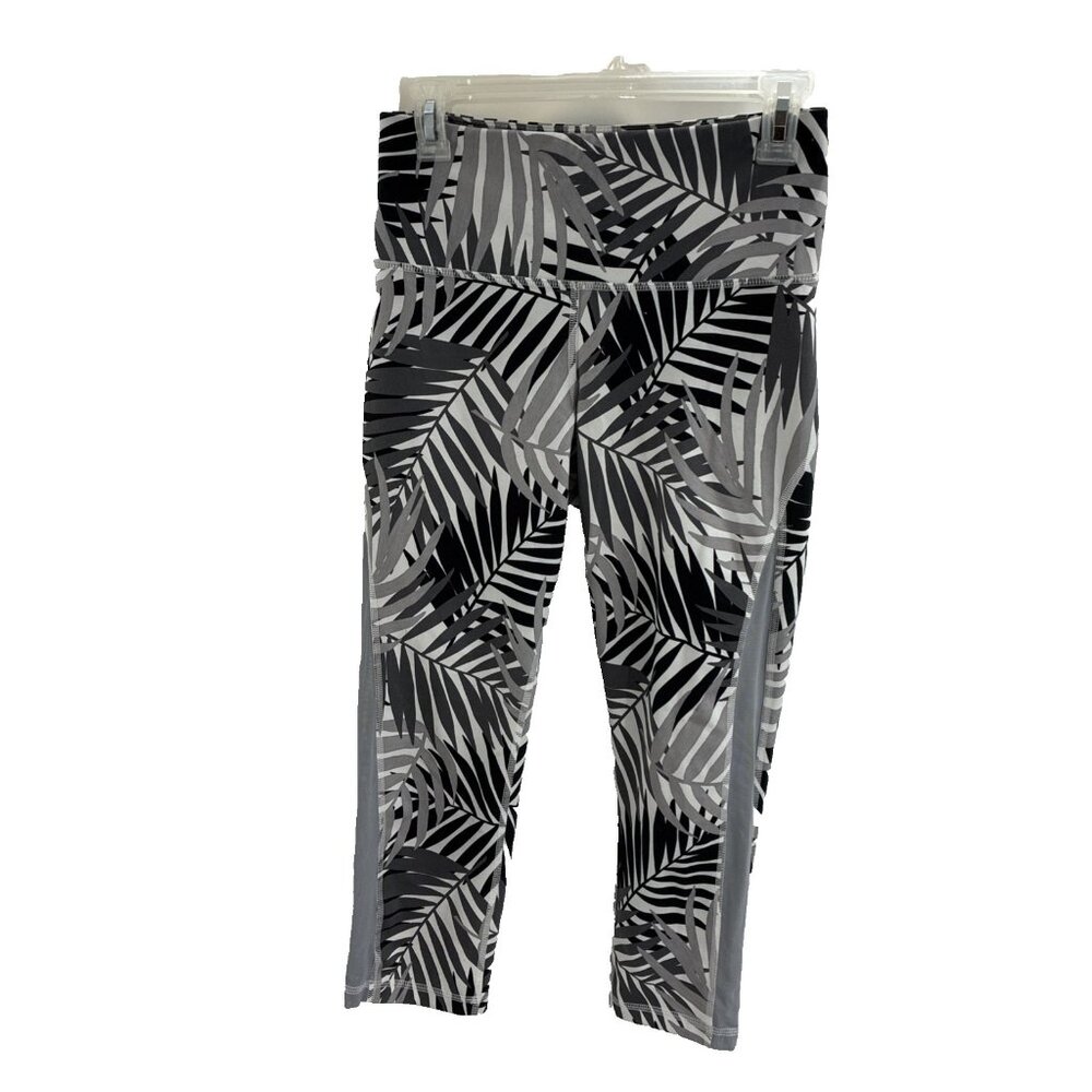 Old Navy Womens Size M Go Dry Leggings Capri Pants Gray White Palm Print Gym